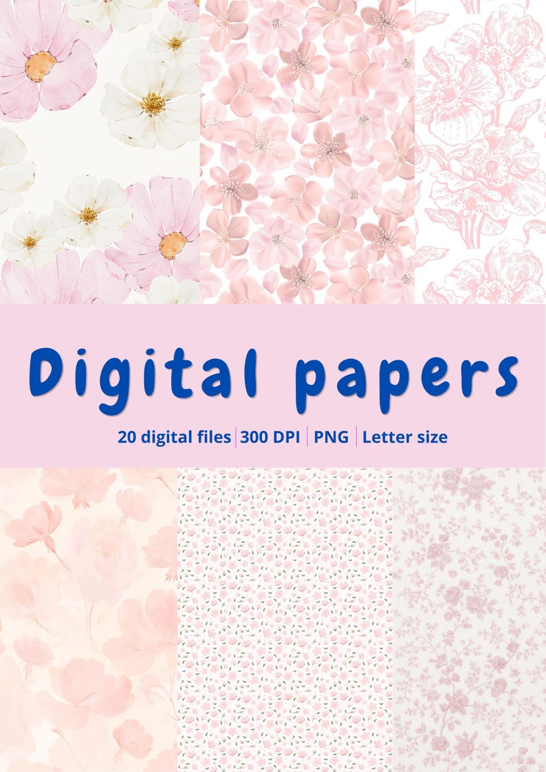 Pink Floral Digital Paper Pack – 20 PNG Seamless Patterns | Vintage ...