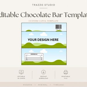 Puede incluir: Una plantilla editable para barra de chocolate que muestra un cielo azul claro con nubes blancas y colinas verdes. El diseño incluye un código de barras, un cuadro de texto con YOUR DESIGN HERE y una etiqueta de información nutricional.