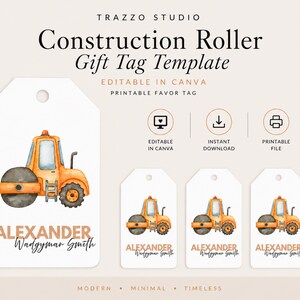 Puede incluir: Una etiqueta de regalo rectangular blanca con una ilustración en acuarela de un rodillo de construcción naranja y el texto Alexander Wadgyman Smith. El diseño incluye iconos para edición en Canva, descarga instantánea e impresión.