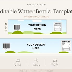 Puede incluir: Una plantilla editable de etiqueta para botella de agua con diseño de cielo azul claro y colinas verdes. La plantilla incluye dos tamaños, 21,59 cm y 29,21 cm, con espacios para código de barras, información nutricional y el texto YOUR DESIGN HERE.