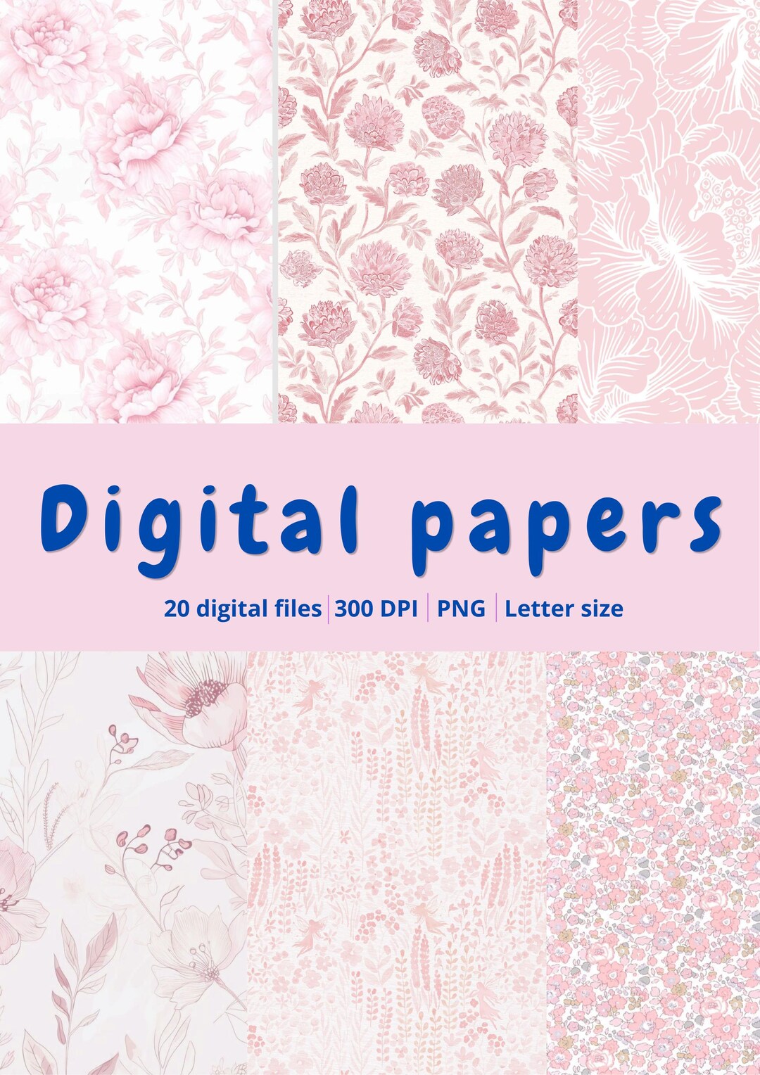 Pink Floral Digital Paper Pack – 20 PNG Seamless Patterns | Vintage ...