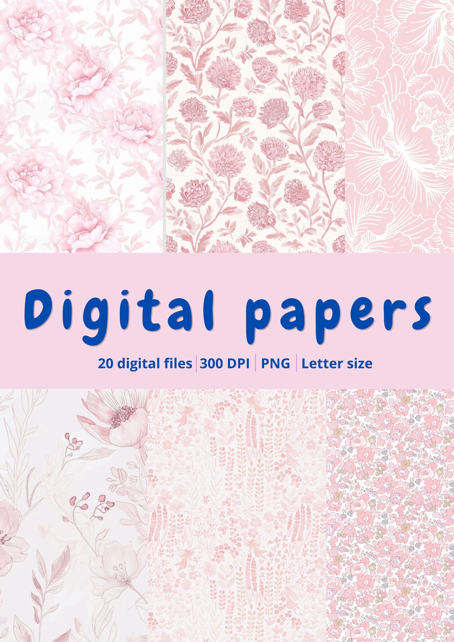 Pink Floral Digital Paper Pack – 20 PNG Seamless Patterns | Vintage ...