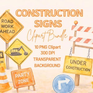 Può includere: Pacchetto di clipart ad acquerello con segnali stradali, tra cui "Road Work Ahead", "Caution Construction Area" e "Under Construction". I segnali sono gialli e arancioni, con sfondo trasparente. Include un cono stradale e un semaforo.