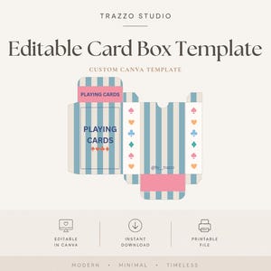 Puede incluir: Una plantilla editable para caja de cartas con un patrón de rayas verticales en azul claro y blanco. El diseño incluye detalles en rosa, el texto "PLAYING CARDS" en azul y pequeños símbolos de cartas coloridos. Muestra la estructura plana.