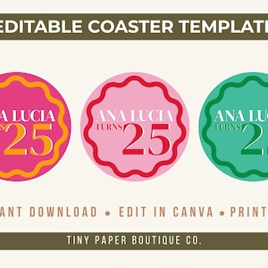 Puede incluir: Tres plantillas de posavasos circulares con bordes festoneados en rosa fuerte, rosa claro y verde azulado. Cada uno presenta el texto ANA LUCIA turns 25. La imagen incluye el texto EDITABLE COASTER TEMPLATE, INSTANT DOWNLOAD, EDIT IN CANVA, PRINTABLE y TINY PAPER BOUTIQUE CO.