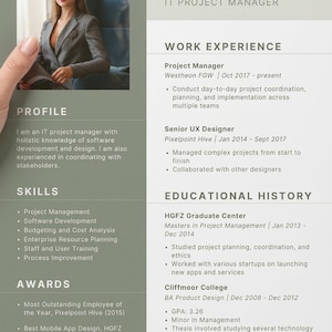 Op de afbeelding: Een professioneel cv voor Emma Dol, IT Project Manager, met een foto. Het cv beschrijft werkervaring, vaardigheden en opleiding, waaronder projectmanagement en softwareontwikkeling. Contactgegevens staan onderaan.