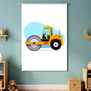 May include: A yellow and black road roller illustration on a white background with a light blue shape. The road roller has a large gray roller, a black tire, and a small exhaust pipe. The image is a print.