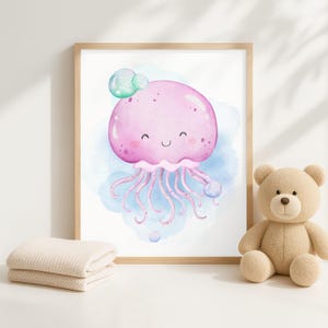 Lámina decorativa para habitación infantil con diseño de medusas y burbujas, ilustración de animales marinos en acuarela, decoración neutra para habitación de bebé, descarga instantánea.