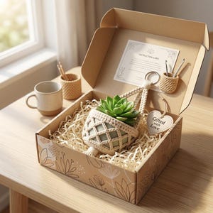 Può includere: Una confezione regalo con una pianta succulenta in un supporto macramè, una tazza e un piccolo contenitore intrecciato. La scatola è riempita con carta e include un'etichetta con la scritta "Gifted with Love". La scatola è su un tavolo di legno.