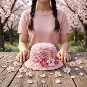 May include: A pink crochet hat with a floral embellishment sits on a wooden table. The hat features a wide brim and is decorated with three flowers in shades of pink and white. Cherry blossom petals are scattered around the hat.