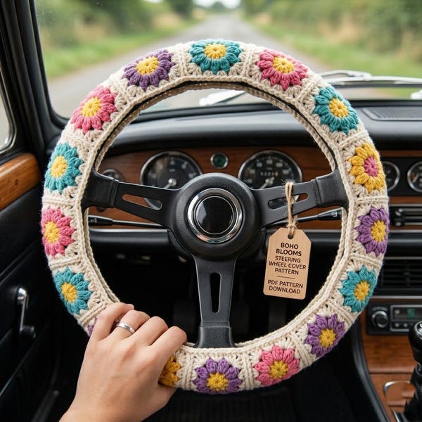 Patrón de funda de volante de ganchillo, decoración de coche estilo abuela bohemia cuadrada, accesorios de ganchillo para coche con estética de margaritas, decoración estética para coche para niñas