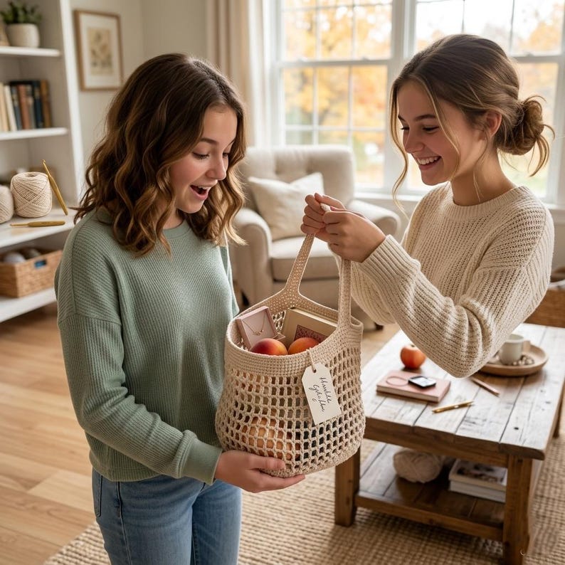 Op de afbeelding: Een beige, open geweven gehaakte draagtas gevuld met perziken, een kleine sieradendoos en een boek. De tas heeft een label met de tekst "Handmade with love". Twee mensen houden de tas vast in een lichte kamer.