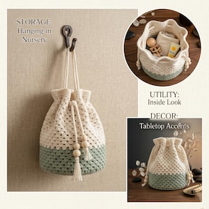 Crochet Granny Stitch Drawstring Bag, Two Tone Crochet Bucket Pouch, Easy Boho Round Base Bag for Crocheters Lover Gift image 2