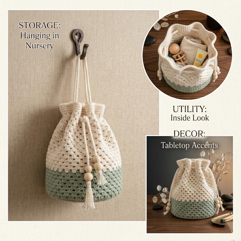 Crochet Granny Stitch Drawstring Bag, Two Tone Crochet Bucket Pouch, Easy Boho Round Base Bag for Crocheters Lover Gift image 2
