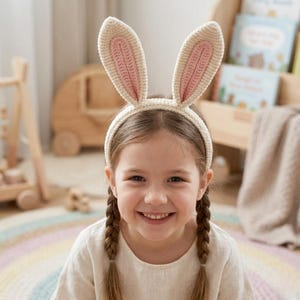 May include: A crocheted bunny ear headband with cream-colored ears and a pink inner ear detail. The headband is worn by a smiling child with braided hair. The background includes a wooden toy and a bookshelf with books.