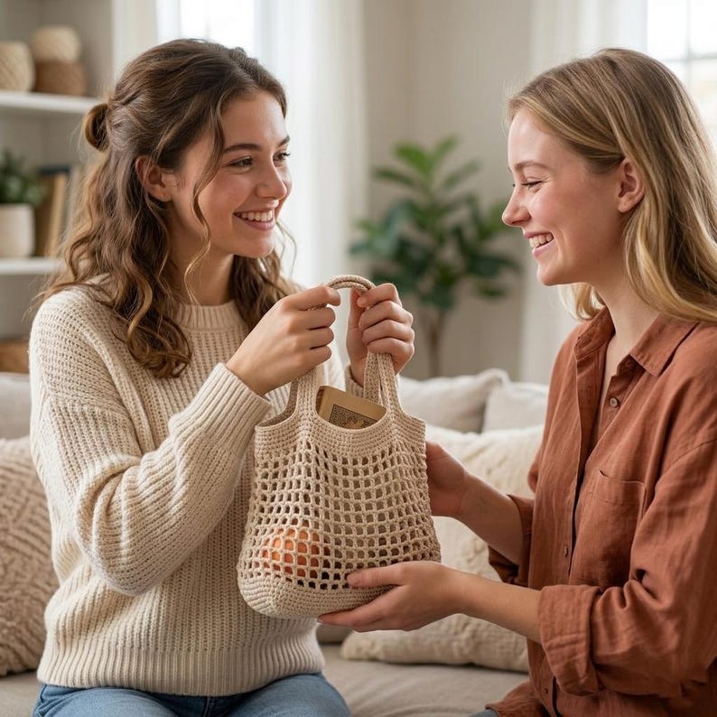 Op de afbeelding: Een beige gehaakte draagtas met een rechthoekige vorm en twee handvatten. De tas heeft een rasterpatroon en bevat een bruin papieren pakket en een sinaasappel. Twee mensen houden de tas vast.