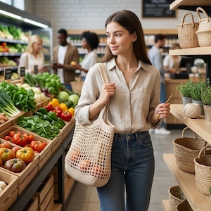Op de afbeelding: Een vrouw in een supermarkt draagt een beige gehaakte draagtas gevuld met producten. De tas heeft een netachtig ontwerp. De winkelrekken zijn gevuld met verse groenten en rieten manden. De vrouw draagt een lichtgekleurd overhemd met knopen en een blauwe jeans.