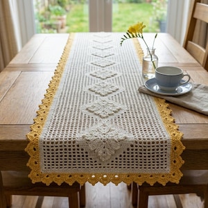 Filet Lace Crochet Floral Runner Pattern, Easy Filet Lace Floral Diamond Runner, Vintage Crochet Table Decor Cloth, Farmhouse Table Decor