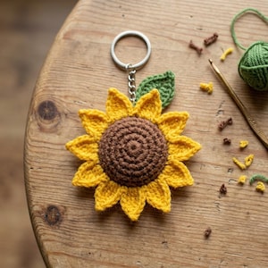 May include: A handmade crochet sunflower keychain with a silver keyring. The sunflower has yellow petals and a brown center, with a green leaf accent. The keychain is on a wooden surface.