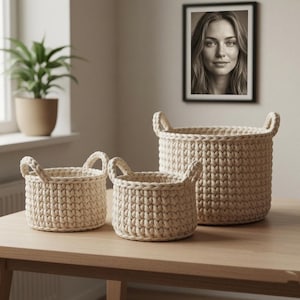 May include: Three cream-colored crochet baskets of varying sizes sit on a light wood table. Each basket has two looped handles. A framed black and white portrait hangs on the wall behind the baskets. A potted plant sits in the background.