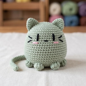 Patrón de gato mochi de ganchillo, patrón de amigurumi de gato kawaii sin costuras, gato de ganchillo suave y rápido, juguete de peluche de ganchillo para principiantes