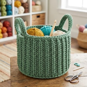 May include: A green crochet basket with two handles, filled with colorful yarn balls and a wooden crochet hook. The basket sits on a wooden table, with a pair of scissors and other craft supplies nearby. The basket is approximately 10 inches in diameter.