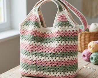 Crochet Farmer Bag Pattern PDF, Granny Stitch Reusable Cotton Market Bag, Beginner Summer Beach Mesh Bag Pattern PDF