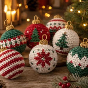 May include: A collection of seven spherical crochet ornaments featuring festive patterns including red and white stripes, green and white zigzags, a red poinsettia, and green Christmas trees, each topped with a small gold-colored hanging loop.