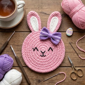 May include: A pink crocheted bunny coaster with white inner ears and a purple bow. The coaster has a stitched face and is surrounded by crochet hooks, yarn, and a cup of tea. A small, painted Easter egg is also present.