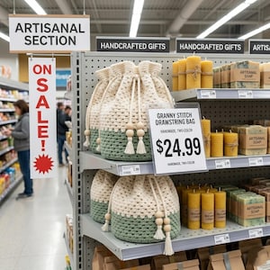 May include: A display of handcrafted items in a store. The shelves hold granny stitch drawstring bags in cream and green, along with yellow beeswax candles and artisanal soap. A sign reads "Artisanal Section" and "On Sale!"