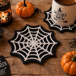 May include: A black and white crocheted coaster featuring a spider web pattern. The coaster is circular with a scalloped edge, constructed from black yarn with white yarn forming the web design, creating a high-contrast graphic appearance.