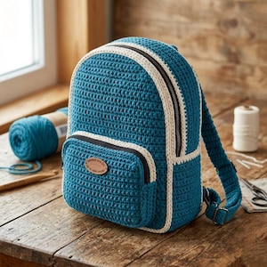 May include: A teal crochet backpack featuring a cream-colored trim, a front zippered pocket, and a small oval-shaped brown leather-like label on the front. The backpack has adjustable teal straps with metal hardware and a black zipper closure.
