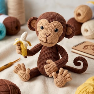 Op de afbeelding: Een gehaakte apenpop in bruin en beige, met een gele en witte banaan. De aap heeft grote ogen en gedetailleerde kenmerken. Garen en een haaknaald op de achtergrond suggereren een handgemaakt item.