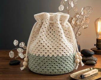 Gehaakte oma-steektas met trekkoord, tweekleurig gehaakt emmerzakje, eenvoudige boho ronde basistas voor hakers cadeau minnaar