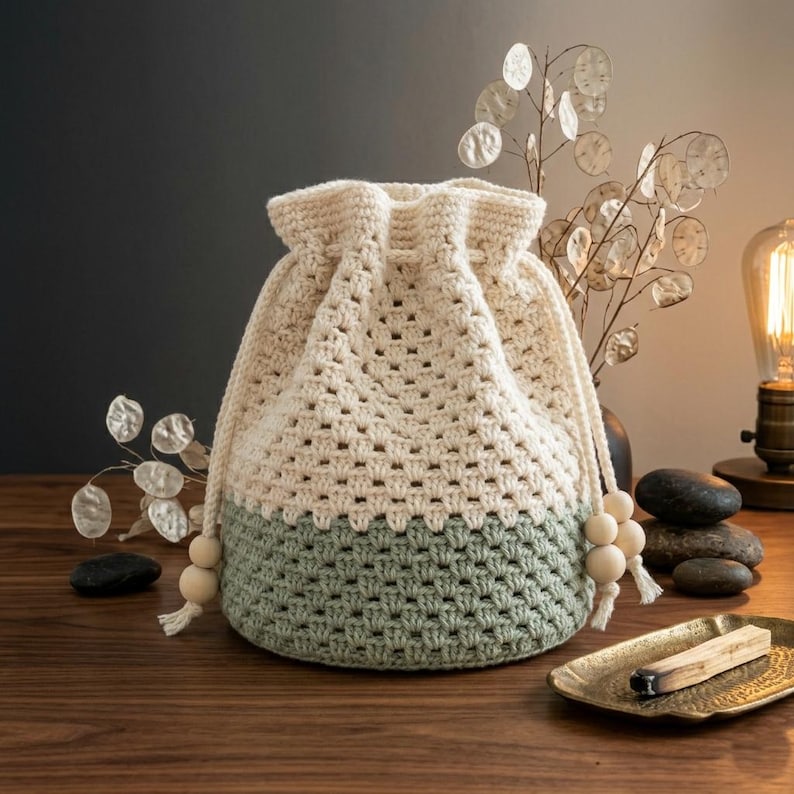 May include: A cream and sage green crochet drawstring bag. The bag features a textured stitch pattern and wooden bead accents on the drawstring. The bag is a soft, handmade item.