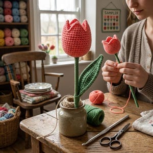 Virkat mönster med tulpanblommor, vårliknande virkning för nybörjare, gör-det-själv-skrivbordsdekoration, presentidé för virkare