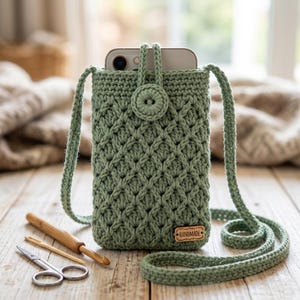 Puede incluir: Un bolso bandolera para teléfono de ganchillo verde salvia con un patrón texturizado. El bolso tiene una correa larga, un cierre de botón y una pequeña etiqueta "Handmade". Un teléfono es visible dentro del bolso. Herramientas de ganchillo y tijeras están sobre la superficie de madera.