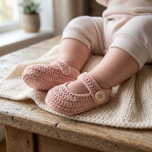 Puede incluir: Zapatos de bebé de ganchillo rosa claro, estilo Mary Jane. Los zapatos tienen una correa con cierre de botón y están sobre una manta de punto color crema. El bebé lleva pantalones de color claro.