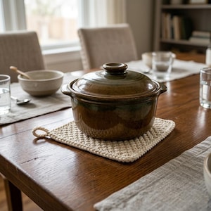 May include: A brown ceramic casserole dish with a lid, on a cream crocheted trivet. The dish sits on a wooden table, with a bowl, spoon, and glasses in the background. The trivet is approximately 20 cm square.