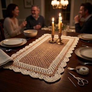 Puede incluir: Camino de mesa de ganchillo hecho a mano en tonos beige y marrón, con borde festoneado. Se coloca sobre una mesa de madera oscura, con velas encendidas en candelabros de latón, platos y cubiertos. También hay una cinta métrica y unas tijeras.