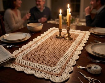 May include: A beige and brown crochet table runner with a scalloped edge, set on a dark wooden table. The image shows lit candles in brass holders, plates, and cutlery. A measuring tape and scissors are also visible on the table, alongside a folded napkin.