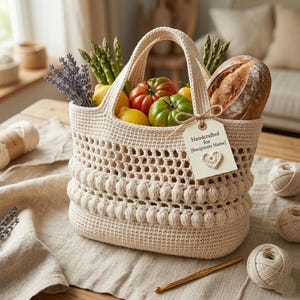 Könnte beinhalten: Eine cremefarbene, gehäkelte Tragetasche gefüllt mit frischen Produkten und einem Brotlaib. Die Tasche hat ein strukturiertes Design und ein Etikett mit der Aufschrift "Handcrafted for [Recipients Name]" mit einem gehäkelten Herz. Spargel, Tomaten und Zitronen sind sichtbar.