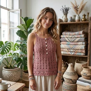 May include: A dusty rose crochet tank top with a button-up front. The top features a delicate openwork design and thin straps. The tank top is paired with light-colored pants. The background includes plants, baskets, and a wooden shelf.