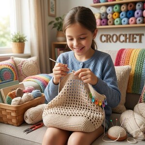 Op de afbeelding: Een persoon haakt een beige mesh tas. De afbeelding toont een haaknaald, garen en een mand met benodigdheden. Het woord "CROCHET" staat op een plank. De tas heeft kleurrijke steekmarkeerders.