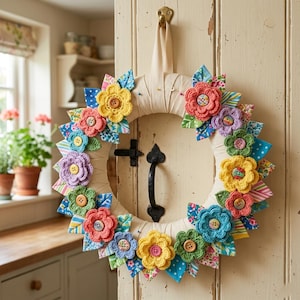 May include: A vibrant, handmade floral wreath. It features crochet flowers in shades of yellow, pink, blue, and green, with fabric leaves and decorative buttons. The wreath is displayed on a cream-colored door, adding a touch of spring.