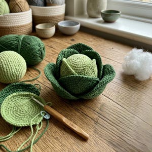 Pode incluir: Uma couve de crochê feita de fio verde claro e escuro, com folhas em camadas e uma cabeça central. Ao lado, há uma agulha de crochê de madeira de 3,0 mm, uma peça circular de crochê verde, um novelo de fio verde e um pequeno tufo de enchimento branco.