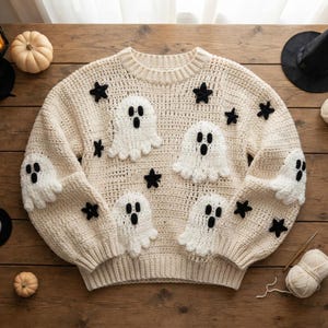 May include: A cream-colored long-sleeve crochet sweater featuring a repeating pattern of white ghost appliqués with black eyes and mouths, interspersed with small black crocheted stars across the front and sleeves, with a ribbed crew neckline.