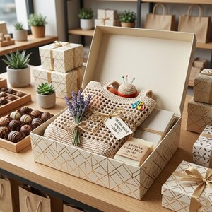 Op de afbeelding: Een cadeauverpakking met een cr&egrave;me- en goudkleurig geometrisch ontwerp, open om een gehaakte tas, een zeep van geitenmelk, lavendel en een speldenkussen te onthullen. Het label luidt "FOR YOUR CREATIVE MOMENTS - LOUPHI".
