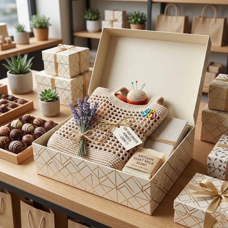 Op de afbeelding: Een cadeauverpakking met een cr&egrave;me- en goudkleurig geometrisch ontwerp, open om een gehaakte tas, een zeep van geitenmelk, lavendel en een speldenkussen te onthullen. Het label luidt "FOR YOUR CREATIVE MOMENTS - LOUPHI".