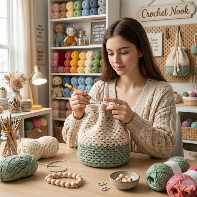 May include: A woman crocheting a beige and green drawstring bag. The bag is on a wooden table with yarn, crochet hooks, and wooden beads. Shelves in the background display colorful yarn balls and stuffed animals. A sign reads "Crochet Nook."